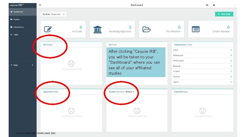 After clicking “Cayuse IRB”, you will be taken to your “Dashboard” where you can