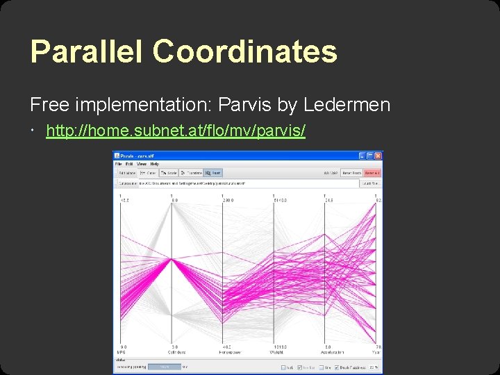 Parallel Coordinates Free implementation: Parvis by Ledermen http: //home. subnet. at/flo/mv/parvis/ 