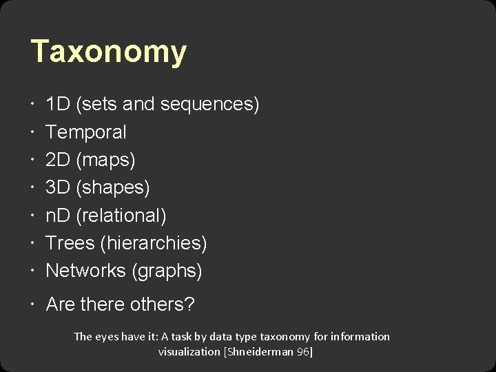 Taxonomy 1 D (sets and sequences) Temporal 2 D (maps) 3 D (shapes) n.
