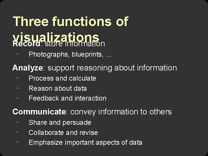 Three functions of visualizations Record: store information Photographs, blueprints, … Analyze: support reasoning about