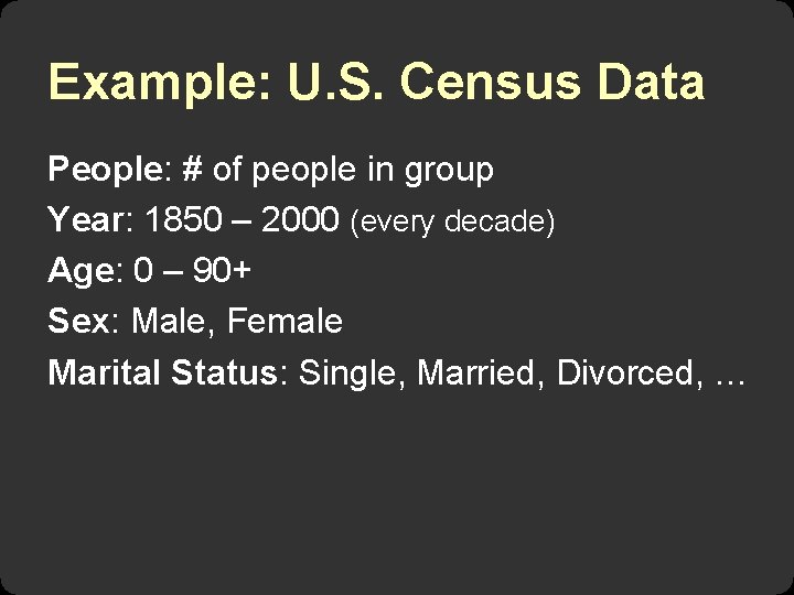 Example: U. S. Census Data People: # of people in group Year: 1850 –