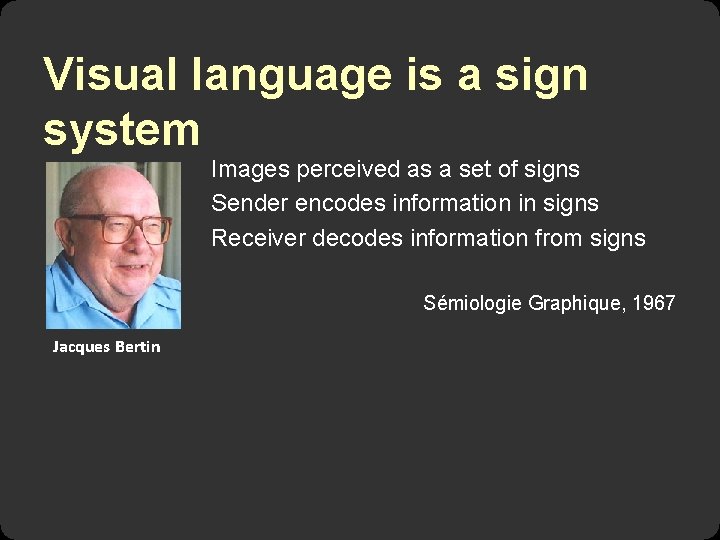 Visual language is a sign system Images perceived as a set of signs Sender