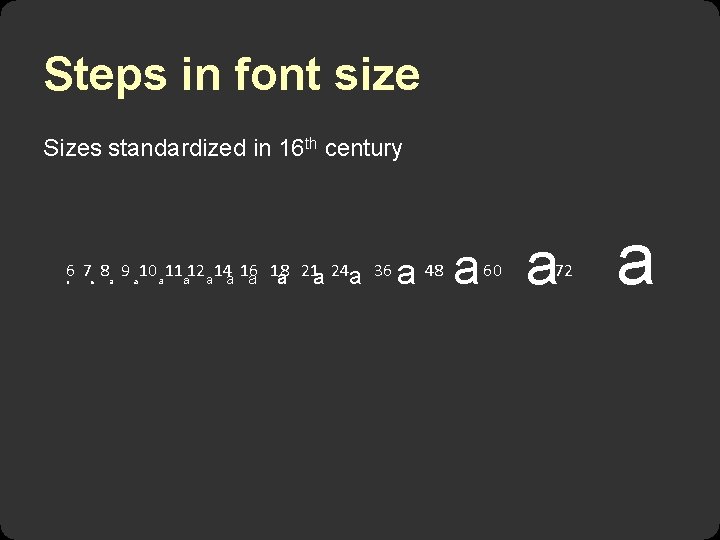 Steps in font size Sizes standardized in 16 th century 6 7 8 a