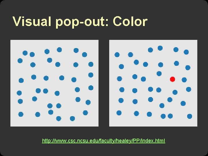 Visual pop-out: Color http: //www. csc. ncsu. edu/faculty/healey/PP/index. html 