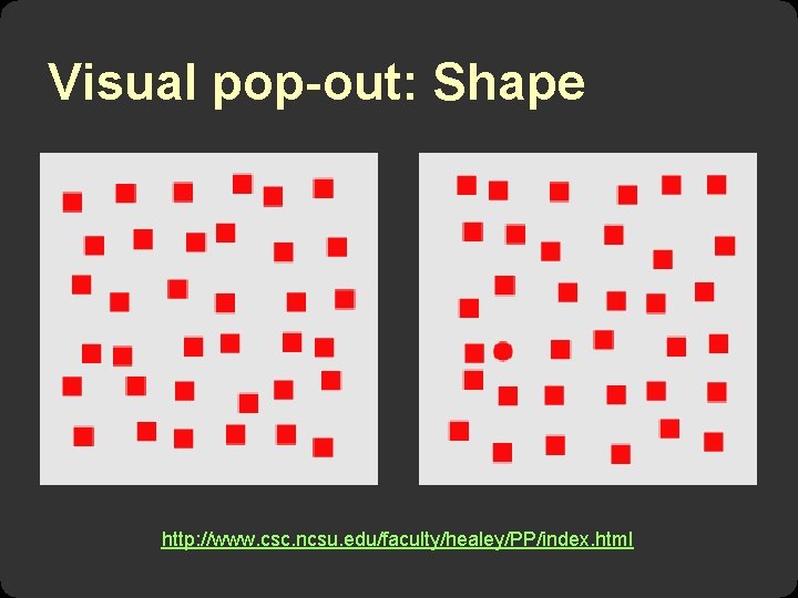 Visual pop-out: Shape http: //www. csc. ncsu. edu/faculty/healey/PP/index. html 