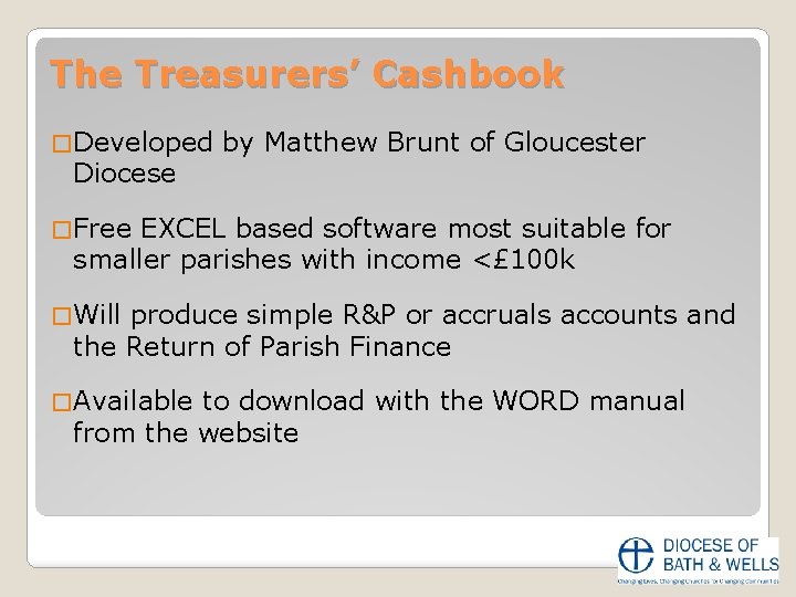 The Treasurers’ Cashbook � Developed Diocese by Matthew Brunt of Gloucester � Free EXCEL