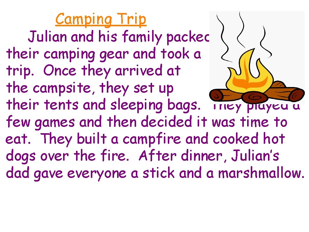 Camping Trip Julian and his family packed their camping gear and took a trip. Camping Trip Julian and his family packed their camping gear and took a trip.