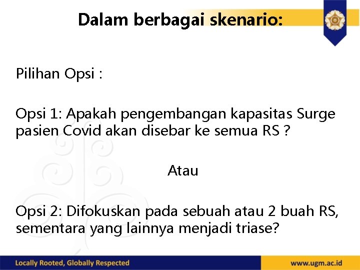 Dalam berbagai skenario: Pilihan Opsi : Opsi 1: Apakah pengembangan kapasitas Surge pasien Covid