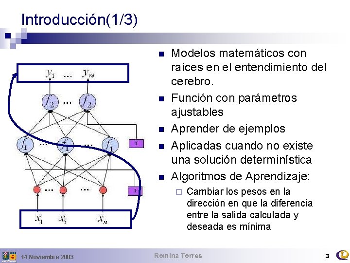 Introducción(1/3) n n n Modelos matemáticos con raíces en el entendimiento del cerebro. Función