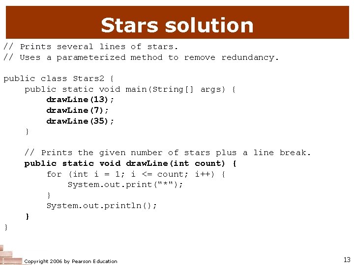 Stars solution // Prints several lines of stars. // Uses a parameterized method to