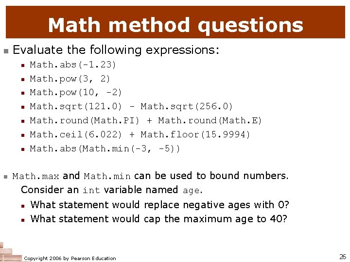 Math method questions n Evaluate the following expressions: n n n n Math. abs(-1.