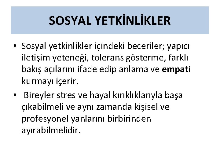 SOSYAL YETKİNLİKLER • Sosyal yetkinlikler içindeki beceriler; yapıcı iletişim yeteneği, tolerans gösterme, farklı bakış