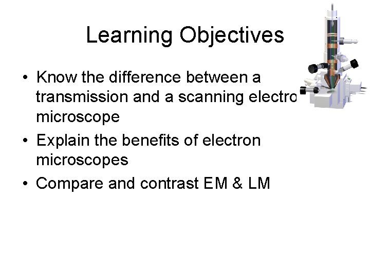 Learning Objectives • Know the difference between a transmission and a scanning electron microscope