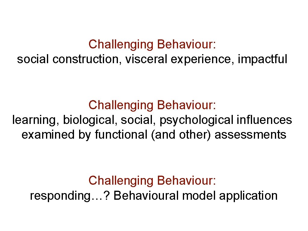 Challenging Behaviour: social construction, visceral experience, impactful Challenging Behaviour: learning, biological, social, psychological influences