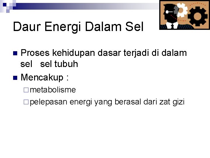 Daur Energi Dalam Sel Proses kehidupan dasar terjadi di dalam sel tubuh n Mencakup Daur Energi Dalam Sel Proses kehidupan dasar terjadi di dalam sel tubuh n Mencakup
