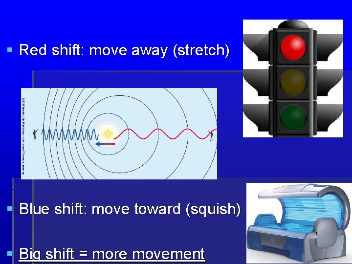  Red shift: move away (stretch) Blue shift: move toward (squish) Big shift =