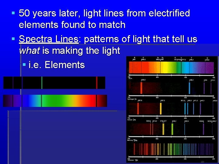  50 years later, light lines from electrified elements found to match Spectra Lines: