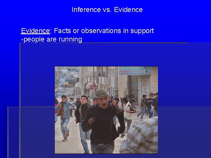 Inference vs. Evidence: Facts or observations in support -people are running 