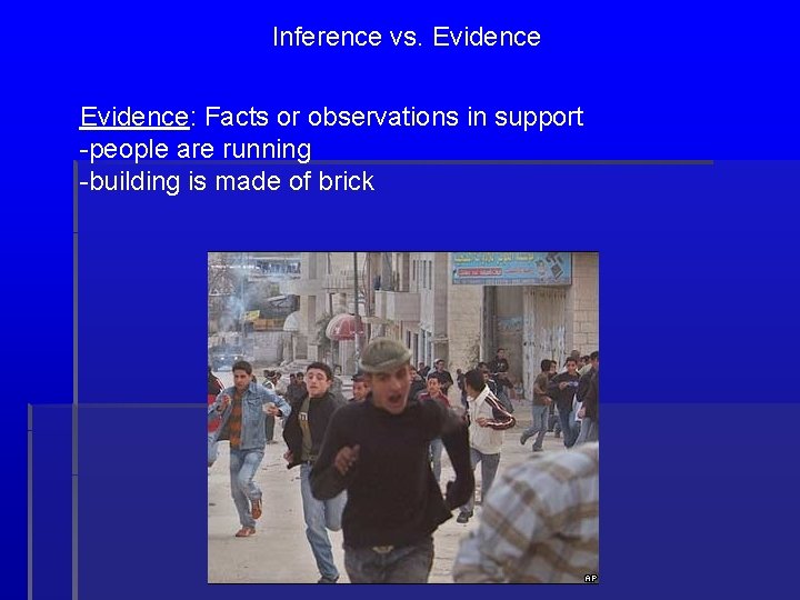 Inference vs. Evidence: Facts or observations in support -people are running -building is made