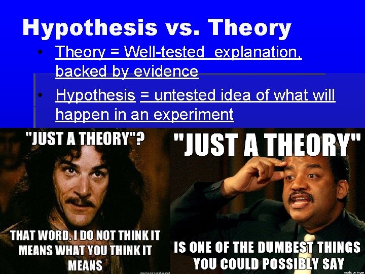 Hypothesis vs. Theory • Theory = Well-tested explanation, backed by evidence • Hypothesis =