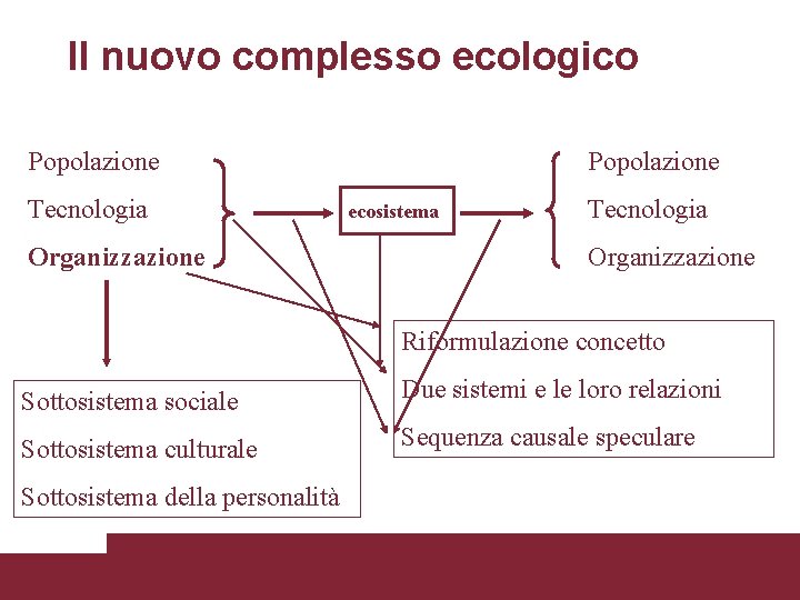 Il nuovo complesso ecologico Popolazione Tecnologia Organizzazione Popolazione ecosistema Tecnologia Organizzazione Riformulazione concetto Sottosistema