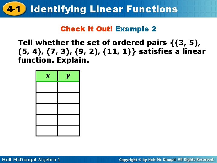 4 -1 Identifying Linear Functions Check It Out! Example 2 Tell whether the set