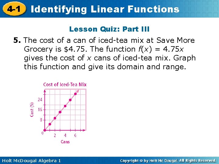 4 -1 Identifying Linear Functions Lesson Quiz: Part III 5. The cost of a