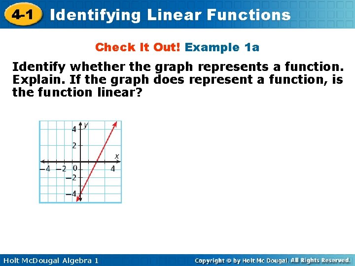 4 -1 Identifying Linear Functions Check It Out! Example 1 a Identify whether the