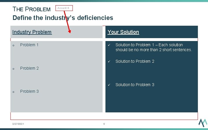 THE PROBLEM Accent 4 Define the industry’s deficiencies Industry Problem o o o Your