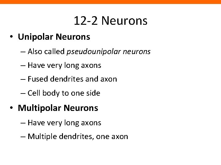 12 -2 Neurons • Unipolar Neurons – Also called pseudounipolar neurons – Have very