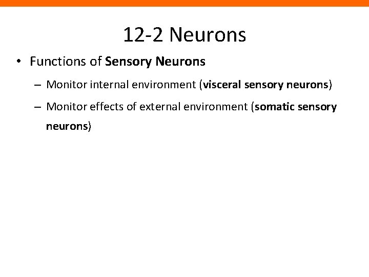 12 -2 Neurons • Functions of Sensory Neurons – Monitor internal environment (visceral sensory