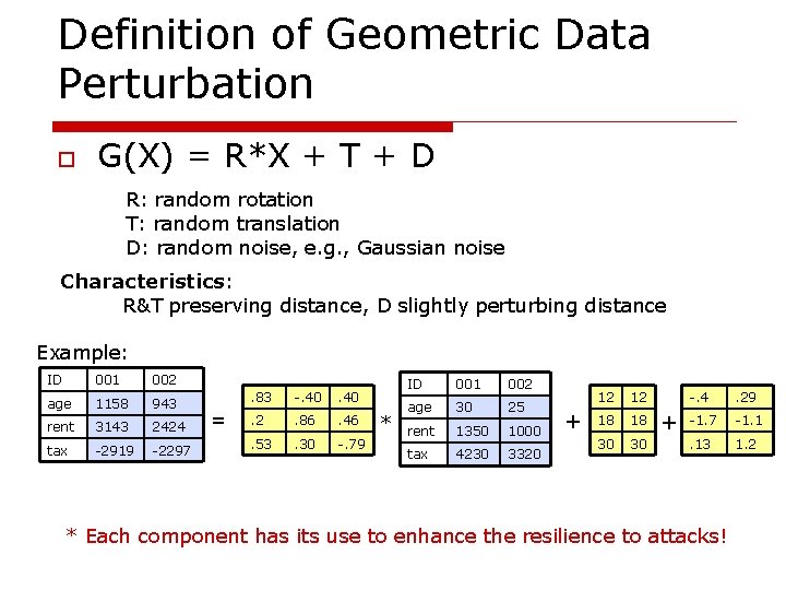 Definition of Geometric Data Perturbation o G(X) = R*X + T + D R: