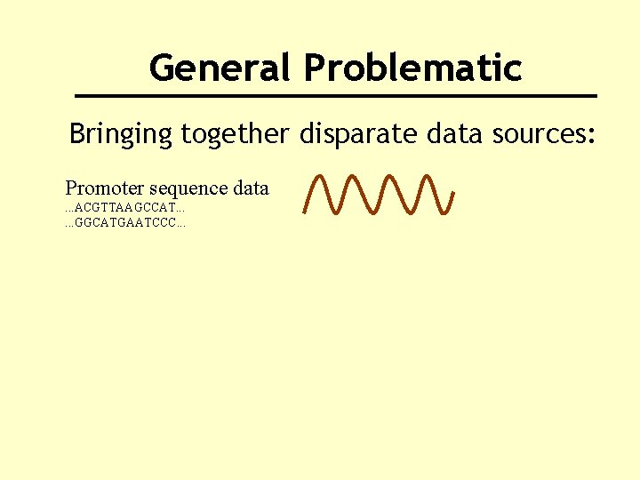 General Problematic Bringing together disparate data sources: Promoter sequence data. . . ACGTTAAGCCAT. .