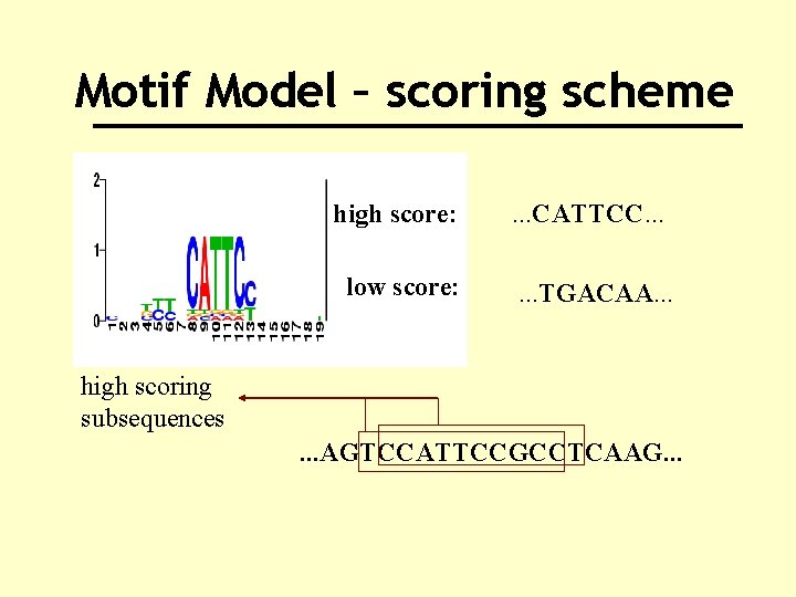Motif Model – scoring scheme high score: low score: . . . CATTCC. .