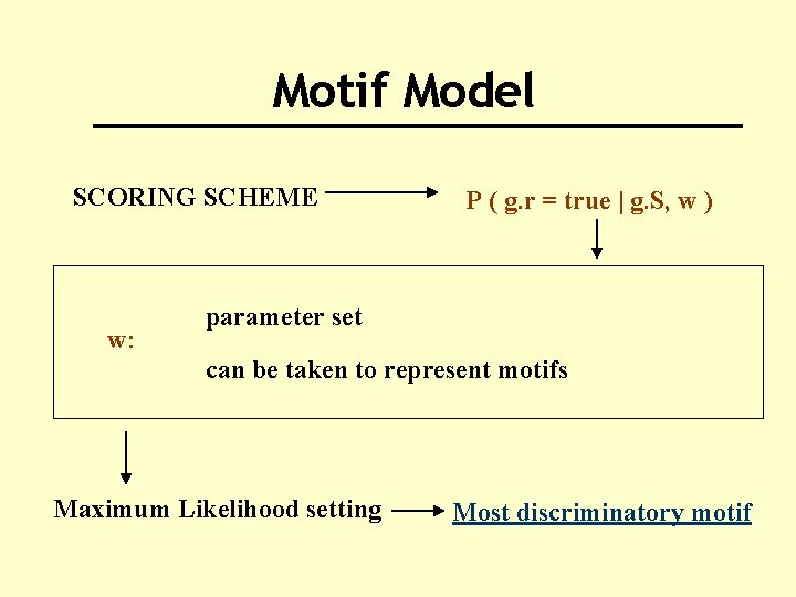 Motif Model SCORING SCHEME w: P ( g. r = true | g. S,