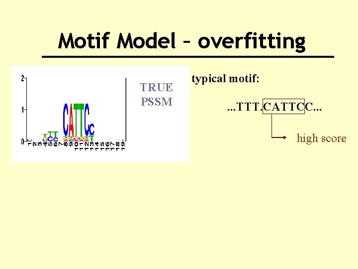 Motif Model – overfitting TRUE PSSM typical motif: . . . TTT. CATTCC. .