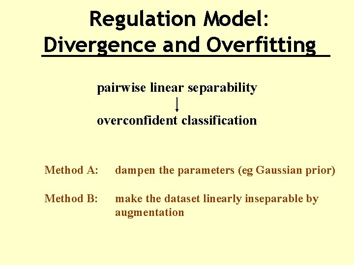 Regulation Model: Divergence and Overfitting pairwise linear separability overconfident classification Method A: dampen the