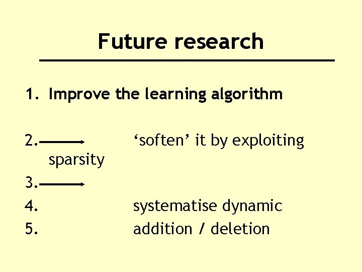 Future research 1. Improve the learning algorithm 2. ‘soften’ it by exploiting sparsity 3.