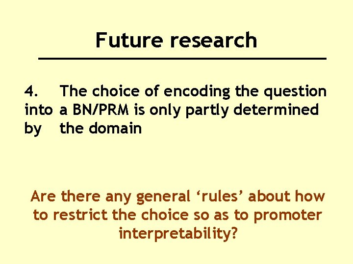 Future research 4. The choice of encoding the question into a BN/PRM is only