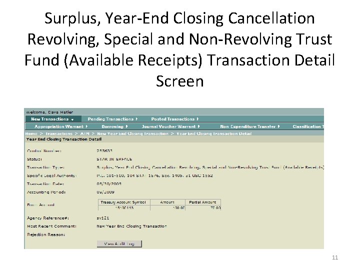 Surplus, Year-End Closing Cancellation Revolving, Special and Non-Revolving Trust Fund (Available Receipts) Transaction Detail