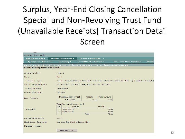 Surplus, Year-End Closing Cancellation Special and Non-Revolving Trust Fund (Unavailable Receipts) Transaction Detail Screen