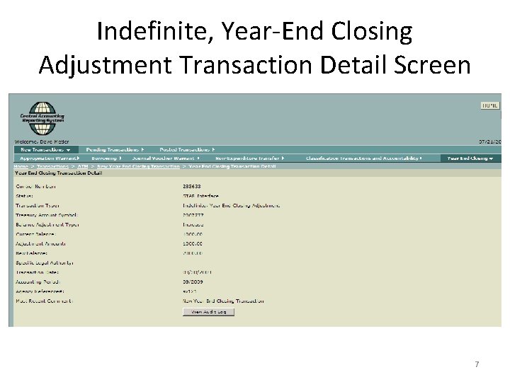 Indefinite, Year-End Closing Adjustment Transaction Detail Screen 7 