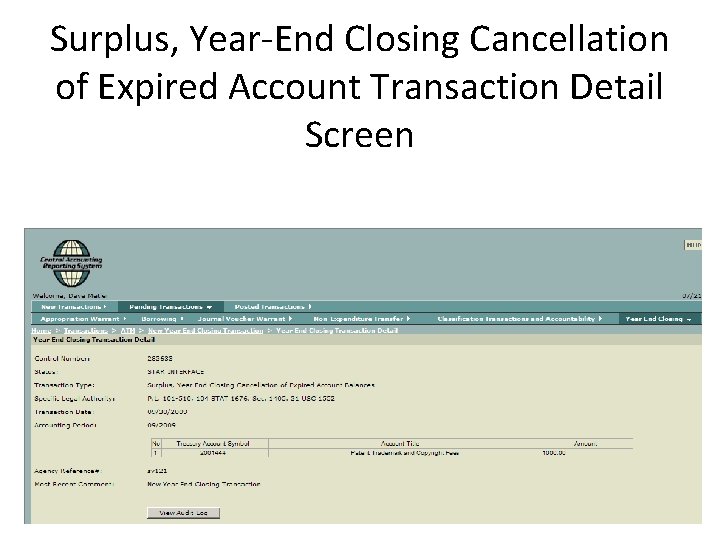 Surplus, Year-End Closing Cancellation of Expired Account Transaction Detail Screen 9 