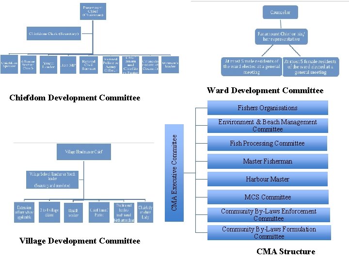 Ward Development Committee Chiefdom Development Committee Fishers Organisations CMA Executive Committee Environment & Beach