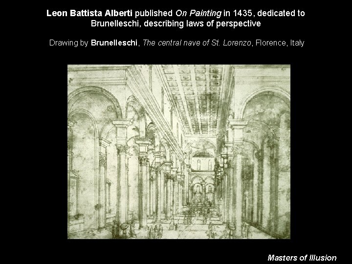 Leon Battista Alberti published On Painting in 1435, dedicated to Brunelleschi, describing laws of