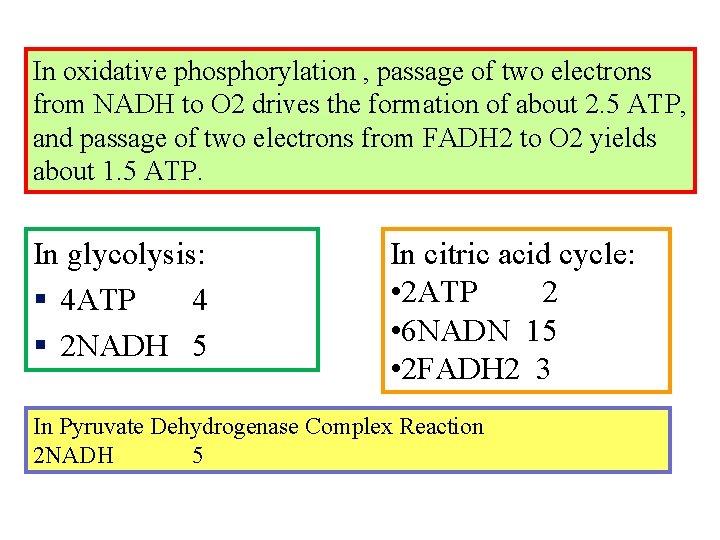 In oxidative phosphorylation , passage of two electrons from NADH to O 2 drives