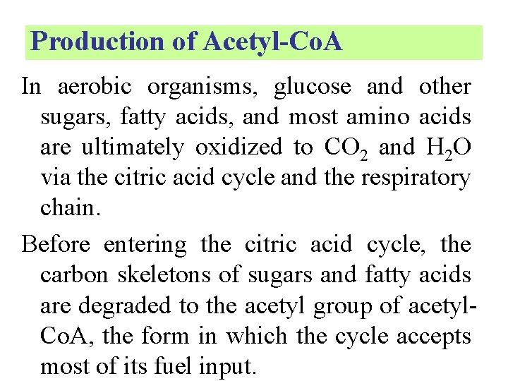 Production of Acetyl-Co. A In aerobic organisms, glucose and other sugars, fatty acids, and