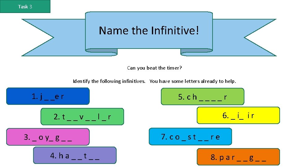 Task 3 Name the Infinitive! Can you beat the timer? Identify the following infinitives.