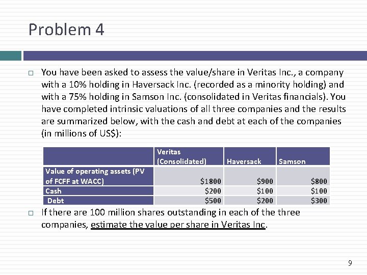 Problem 4 You have been asked to assess the value/share in Veritas Inc. ,