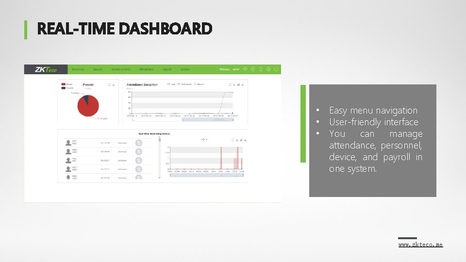 REAL-TIME DASHBOARD • Easy menu navigation • User-friendly interface • You can manage attendance,